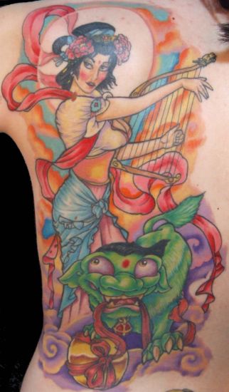 Tattoos - Ed Perdomo - chinese angel and puppy fu dog